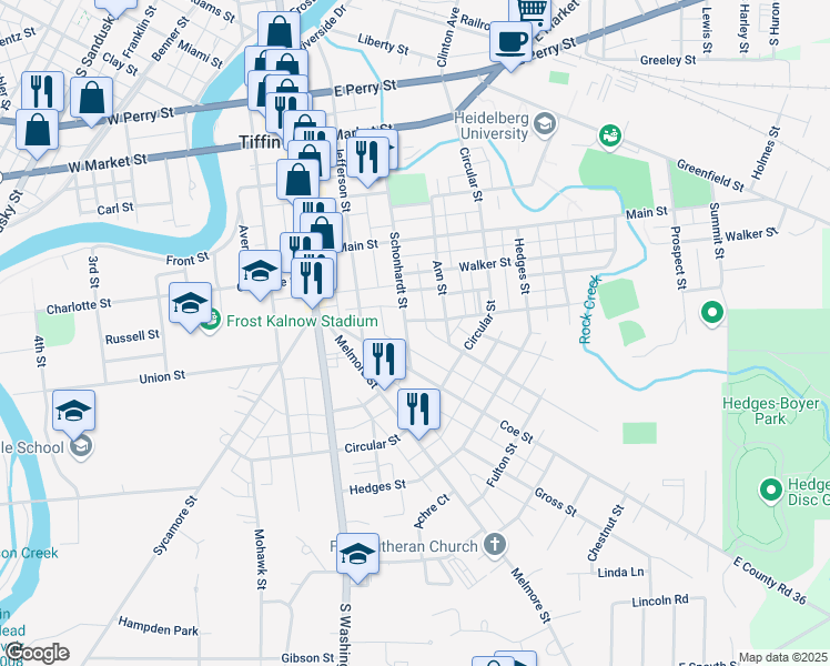 map of restaurants, bars, coffee shops, grocery stores, and more near 153 Schonhardt Street in Tiffin