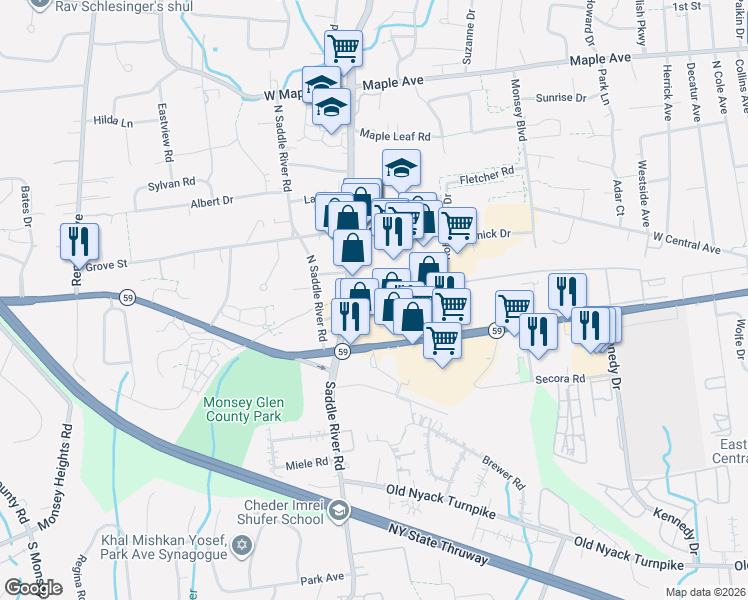map of restaurants, bars, coffee shops, grocery stores, and more near 10 Horizon Court in Monsey