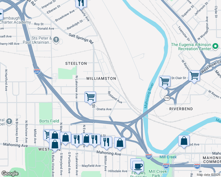 map of restaurants, bars, coffee shops, grocery stores, and more near 531 Salt Springs Road in Youngstown