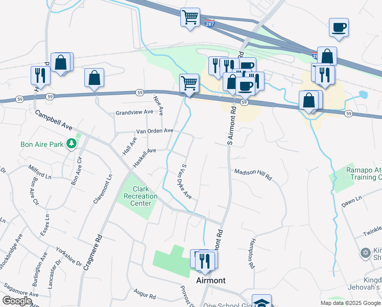 map of restaurants, bars, coffee shops, grocery stores, and more near 6 South Van Dyke Avenue in Airmont