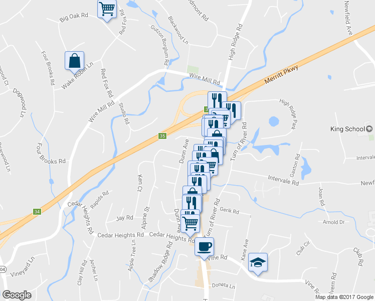 map of restaurants, bars, coffee shops, grocery stores, and more near 167 Dunn Avenue in Stamford