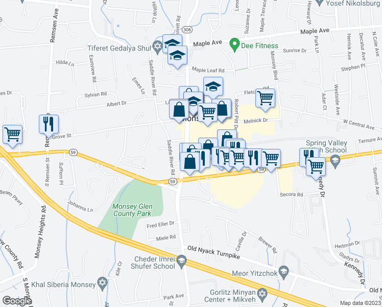 map of restaurants, bars, coffee shops, grocery stores, and more near 12 Horizon Court in Monsey