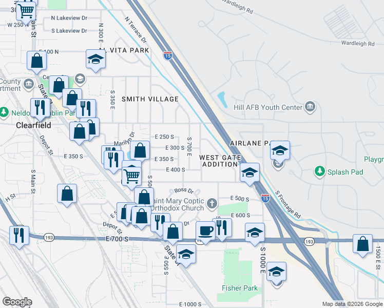 map of restaurants, bars, coffee shops, grocery stores, and more near 321 South 700 East in Clearfield