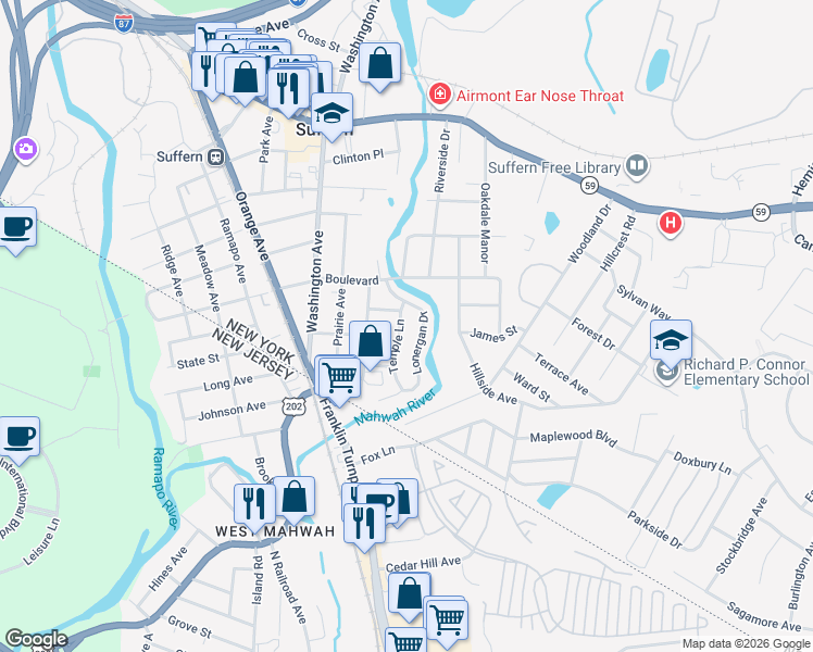 map of restaurants, bars, coffee shops, grocery stores, and more near 10 Temple Lane in Suffern