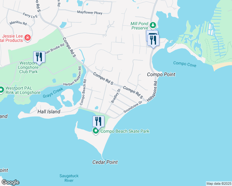 map of restaurants, bars, coffee shops, grocery stores, and more near 6 Bradley Street in Westport