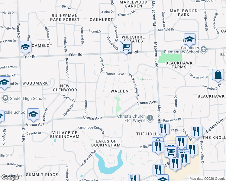 map of restaurants, bars, coffee shops, grocery stores, and more near 5917 Hallowell Place in Fort Wayne