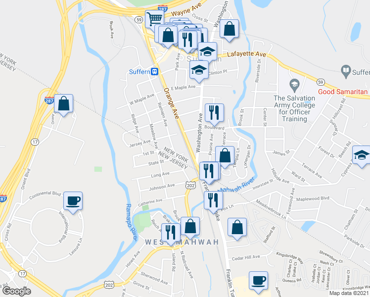 map of restaurants, bars, coffee shops, grocery stores, and more near 11 Dunnery Ct in Suffern