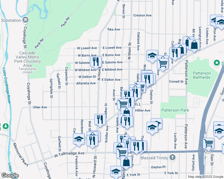map of restaurants, bars, coffee shops, grocery stores, and more near 868 Avon St in Akron