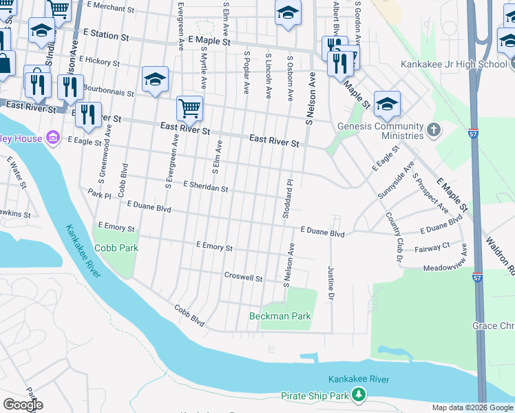 map of restaurants, bars, coffee shops, grocery stores, and more near 844 South Lincoln Avenue in Kankakee