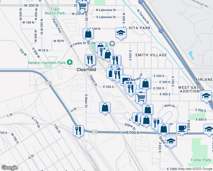 map of restaurants, bars, coffee shops, grocery stores, and more near 157 East 350 South in Clearfield