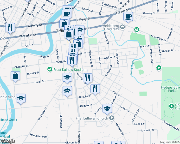 map of restaurants, bars, coffee shops, grocery stores, and more near 153 Schonhardt Street in Tiffin