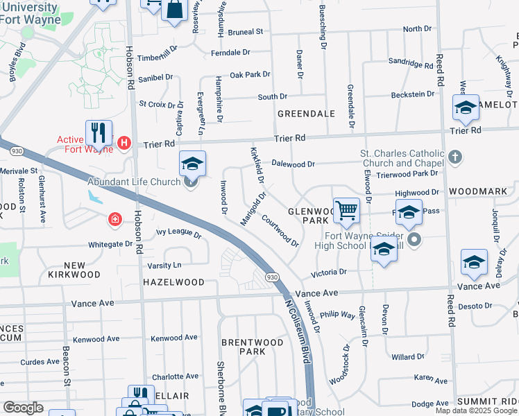 map of restaurants, bars, coffee shops, grocery stores, and more near 3800-3818 Marigold Drive in Fort Wayne