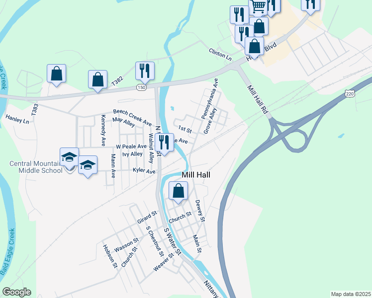 map of restaurants, bars, coffee shops, grocery stores, and more near 71 Pennsylvania Avenue in Mill Hall