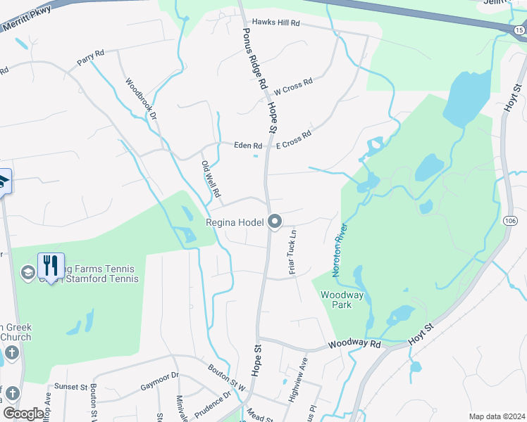 map of restaurants, bars, coffee shops, grocery stores, and more near 1502 Hope Street in Stamford