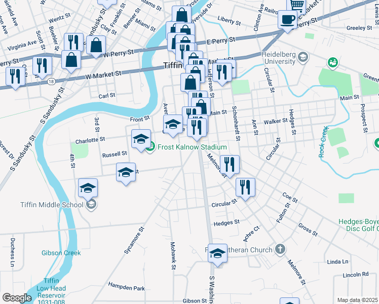 map of restaurants, bars, coffee shops, grocery stores, and more near 30 Cr19 in Tiffin