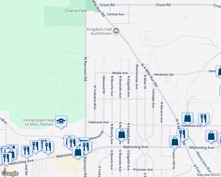 map of restaurants, bars, coffee shops, grocery stores, and more near 244 North Beverly Avenue in Youngstown