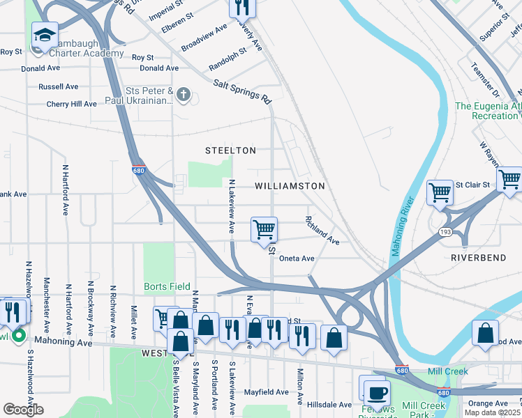 map of restaurants, bars, coffee shops, grocery stores, and more near 1615 Midland Avenue in Youngstown