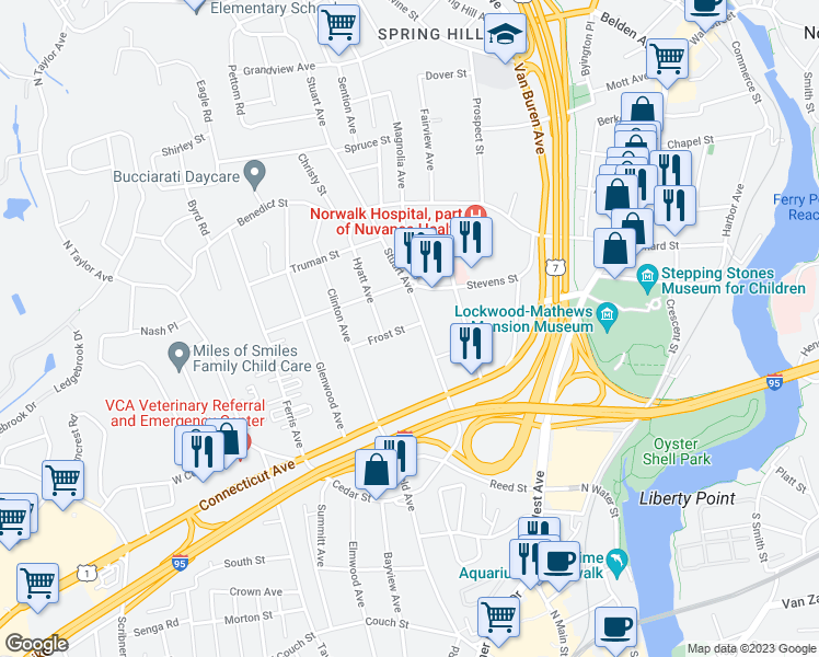 map of restaurants, bars, coffee shops, grocery stores, and more near 2D Frost Street in Norwalk