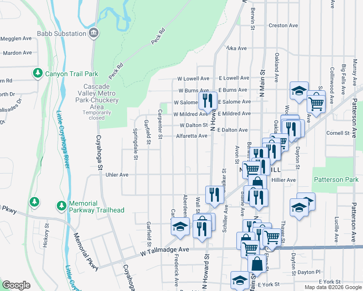 map of restaurants, bars, coffee shops, grocery stores, and more near 864 Aberdeen Street in Akron