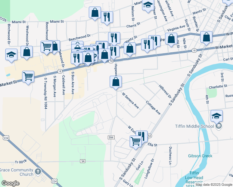 map of restaurants, bars, coffee shops, grocery stores, and more near 126 Hopewell Avenue in Tiffin