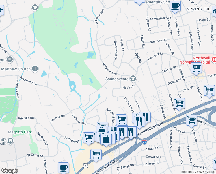 map of restaurants, bars, coffee shops, grocery stores, and more near 64 Cedar Crest Place in Norwalk
