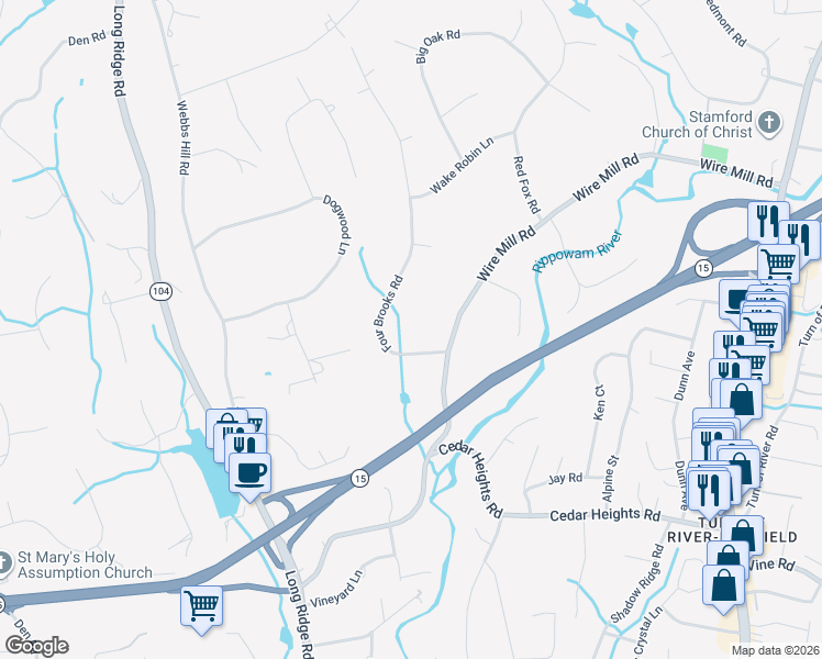 map of restaurants, bars, coffee shops, grocery stores, and more near 276 Wire Mill Road in Stamford