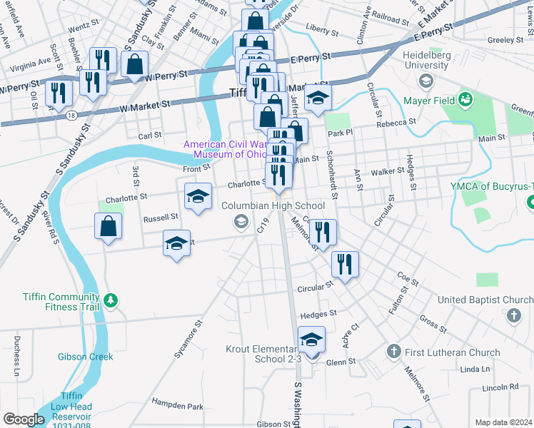 map of restaurants, bars, coffee shops, grocery stores, and more near 30 Cr19 in Tiffin