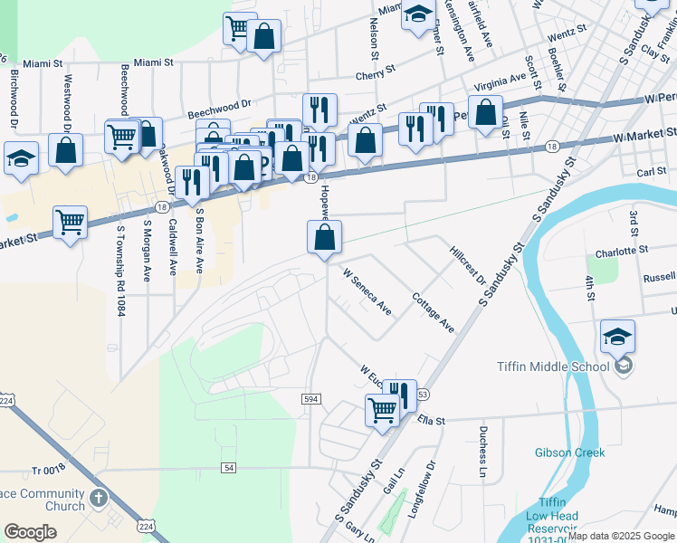 map of restaurants, bars, coffee shops, grocery stores, and more near 126 Hopewell Avenue in Tiffin