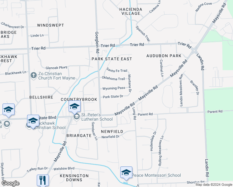 map of restaurants, bars, coffee shops, grocery stores, and more near 8203 Park State Drive in Fort Wayne