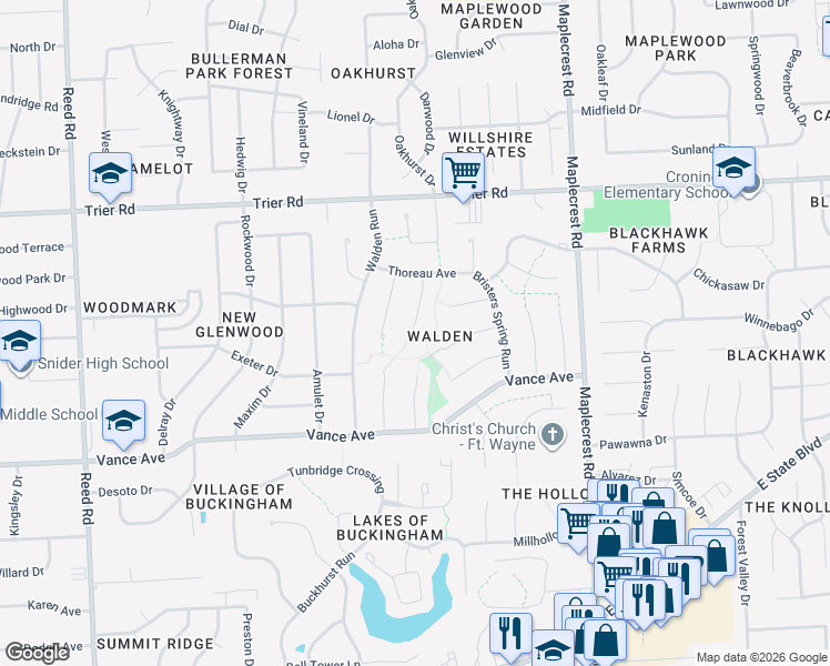 map of restaurants, bars, coffee shops, grocery stores, and more near 5917 Hallowell Place in Fort Wayne