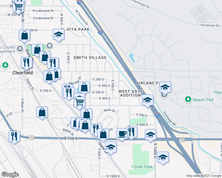 map of restaurants, bars, coffee shops, grocery stores, and more near 324 South 700 East in Clearfield