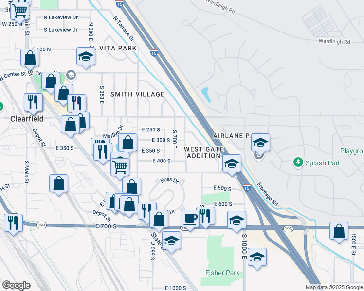 map of restaurants, bars, coffee shops, grocery stores, and more near 328 South 750 East in Clearfield