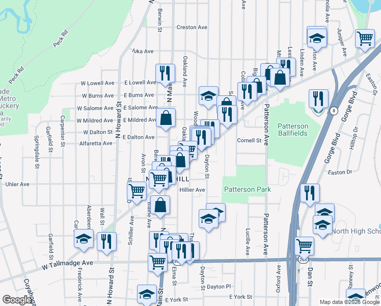 map of restaurants, bars, coffee shops, grocery stores, and more near 235 East Cuyahoga Falls Avenue in Akron