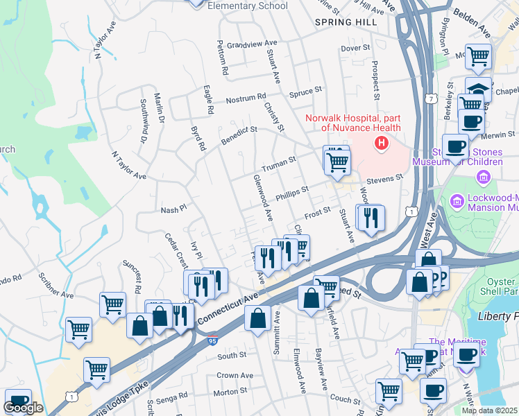 map of restaurants, bars, coffee shops, grocery stores, and more near 29 Phillips Street in Norwalk