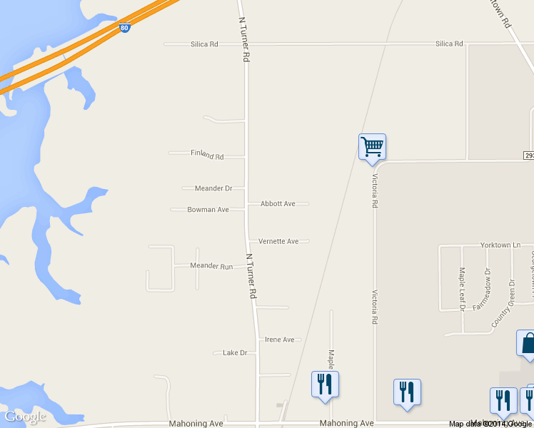 map of restaurants, bars, coffee shops, grocery stores, and more near 6695 Abbott Avenue in Youngstown