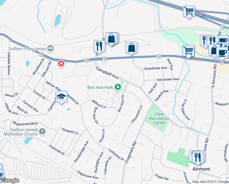 map of restaurants, bars, coffee shops, grocery stores, and more near 116 Bon Aire Circle West in Suffern