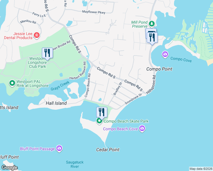 map of restaurants, bars, coffee shops, grocery stores, and more near 17 Appletree Trail in Westport