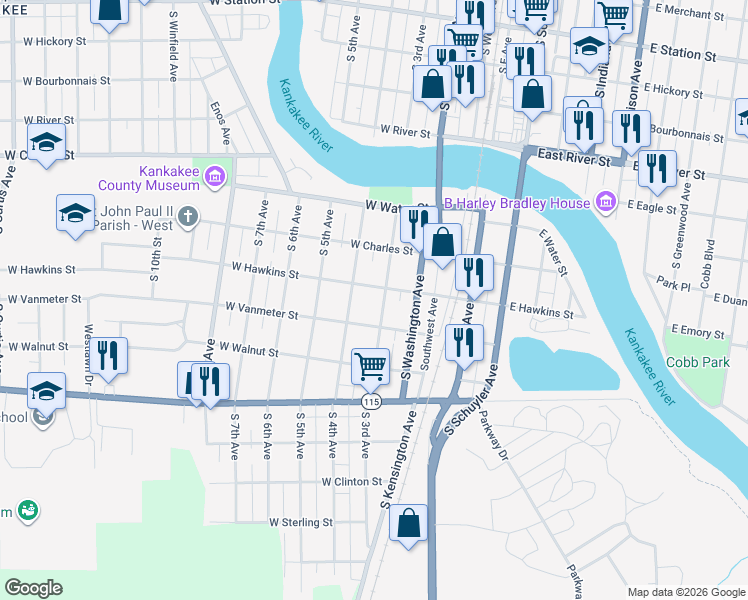 map of restaurants, bars, coffee shops, grocery stores, and more near 1035 South 3rd Avenue in Kankakee