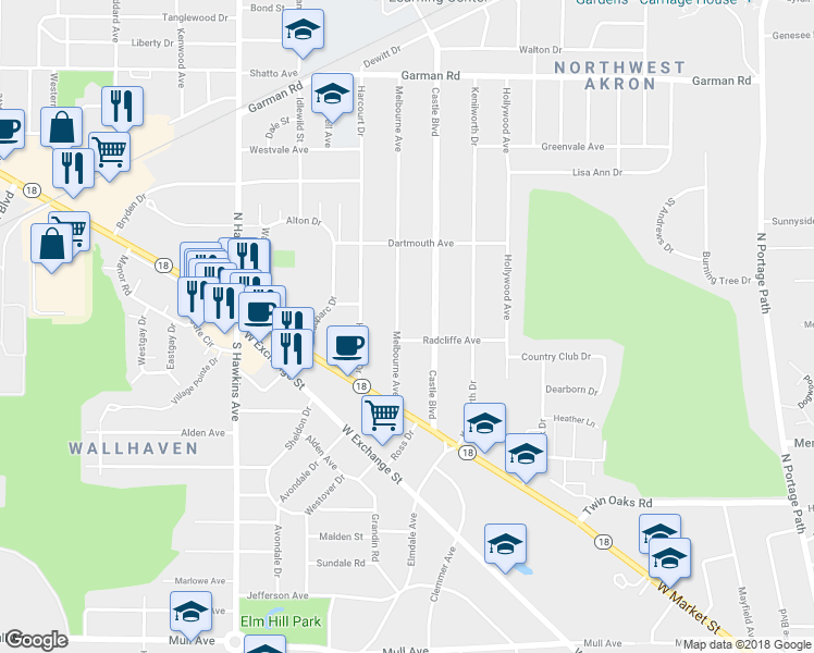 map of restaurants, bars, coffee shops, grocery stores, and more near 85 Melbourne Avenue in Akron