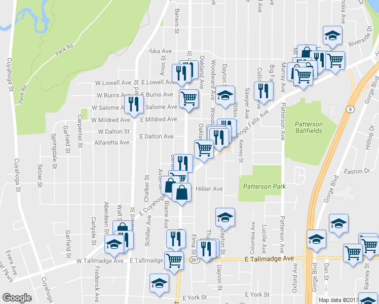 map of restaurants, bars, coffee shops, grocery stores, and more near 867 N Main St in Akron