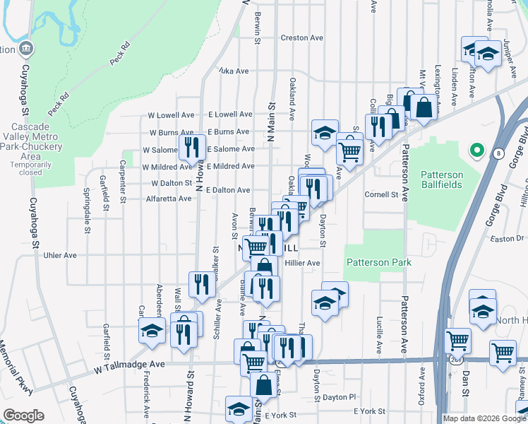 map of restaurants, bars, coffee shops, grocery stores, and more near 878 Berwin Street in Akron