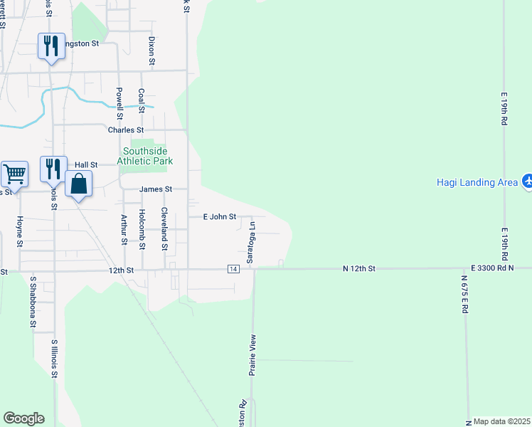 map of restaurants, bars, coffee shops, grocery stores, and more near 1503 John Street in Streator