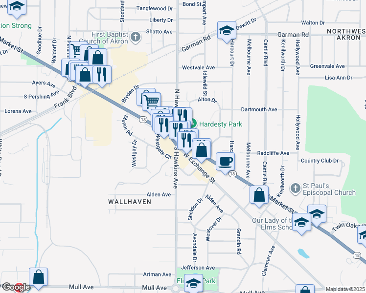map of restaurants, bars, coffee shops, grocery stores, and more near 1650 West Market Street in Akron