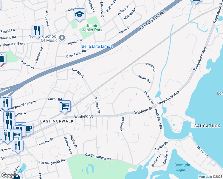 map of restaurants, bars, coffee shops, grocery stores, and more near 54 Howard Avenue in Norwalk