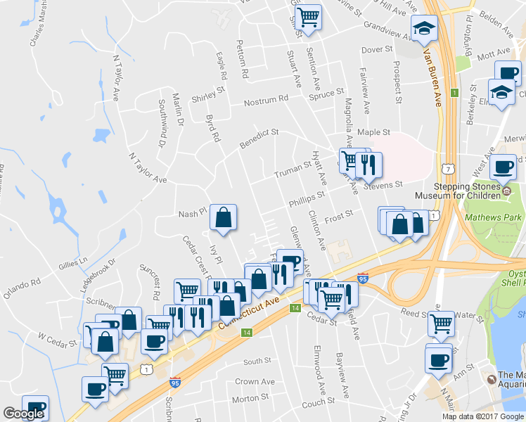 map of restaurants, bars, coffee shops, grocery stores, and more near 48 Ferris Avenue in Norwalk