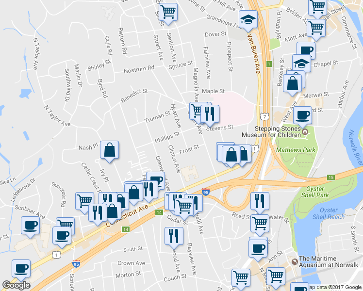 map of restaurants, bars, coffee shops, grocery stores, and more near 5 Hyatt Avenue in Norwalk