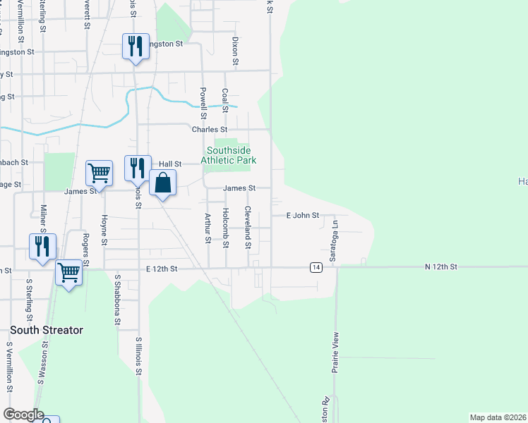 map of restaurants, bars, coffee shops, grocery stores, and more near 1104 Otter Creek Road in Streator