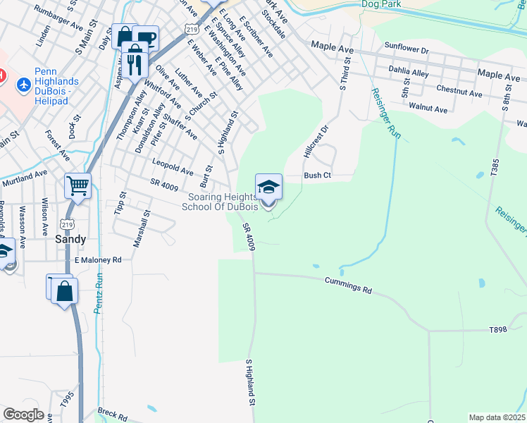 map of restaurants, bars, coffee shops, grocery stores, and more near 493 South Highland Street in DuBois