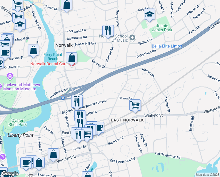 map of restaurants, bars, coffee shops, grocery stores, and more near 2 Woodland Court in Norwalk