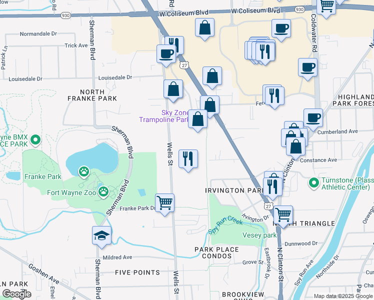 map of restaurants, bars, coffee shops, grocery stores, and more near 3640 North Wells Street in Fort Wayne